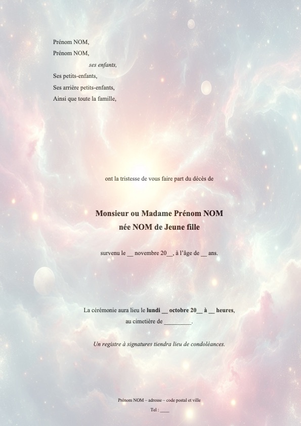 Faire-part d'obsèques galaxie avec détails de la cérémonie d'hommage