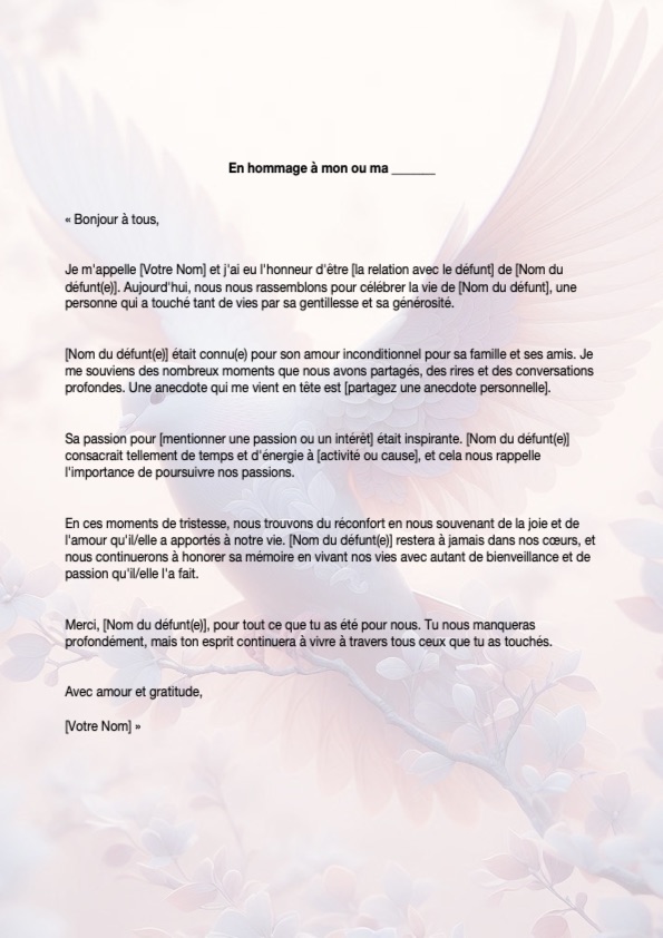 Page d'exemple pour la rédaction d'un texte d'hommage a lire pendant la cérémonie les obsèques.