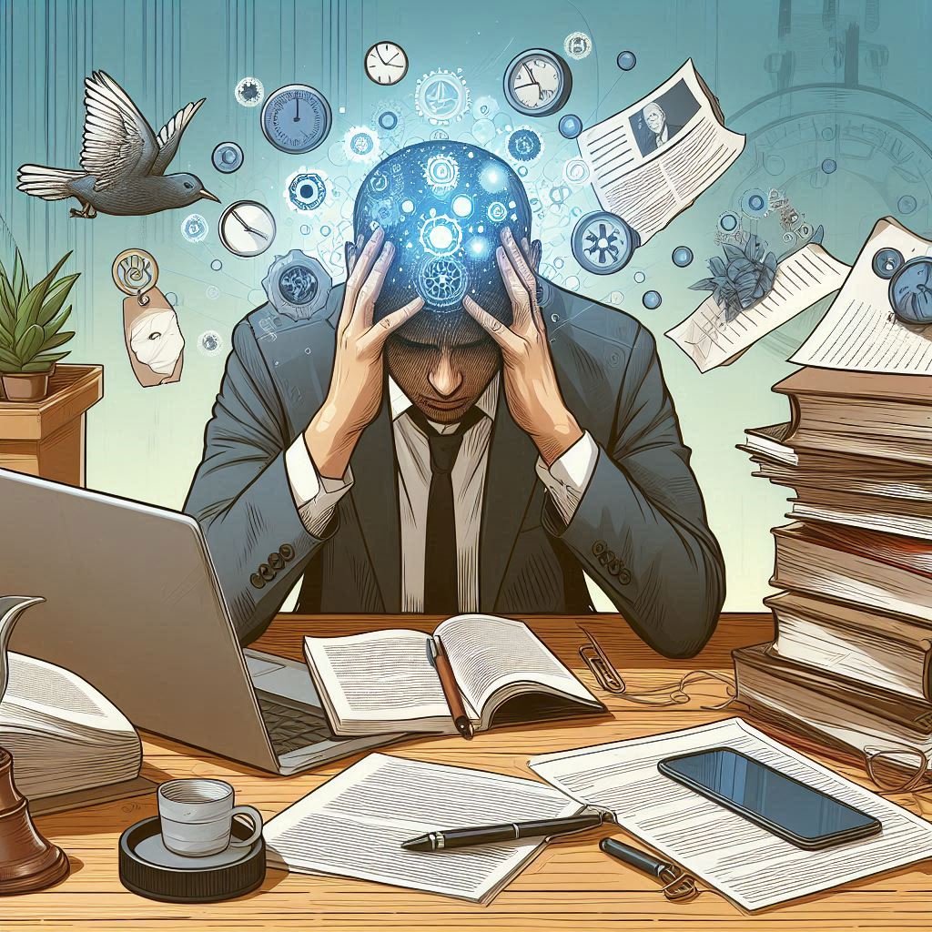 Formalités après obsèques – Comment gérer le stress après une décès Illustration représentant la détresse psychologique après un deuil, montrant une personne en train de traverser une période de profonde tristesse et de confusion.
