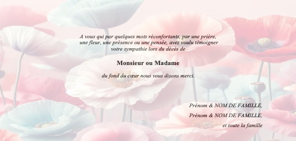 Carte de remerciement après les obsèques décor coquelicots