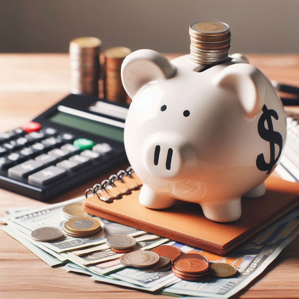 Calculette et tirelire en forme de cochon avec de l'argent, représentant les capitaux de la pension de réversion de retraite.
