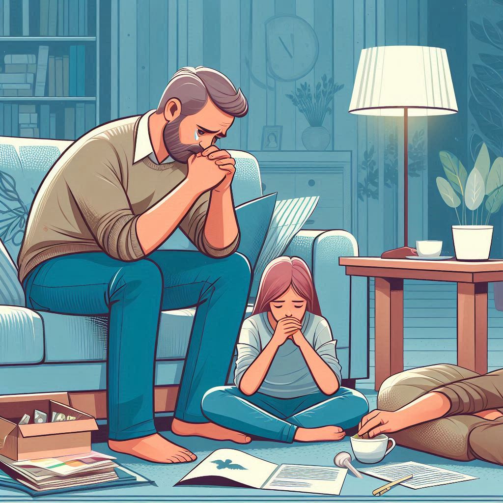 Illustration représentant la détresse psychologique après un deuil, montrant une personne en train de traverser une période de profonde tristesse et de confusion.